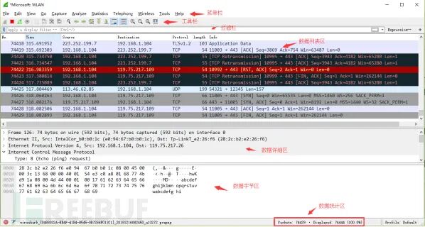 Wireshark数据包列表与协议分层界面