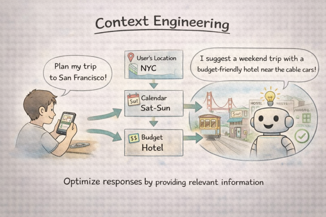 上下文工程示例：AI结合用户位置、日历、预算信息，规划个性化旅行建议