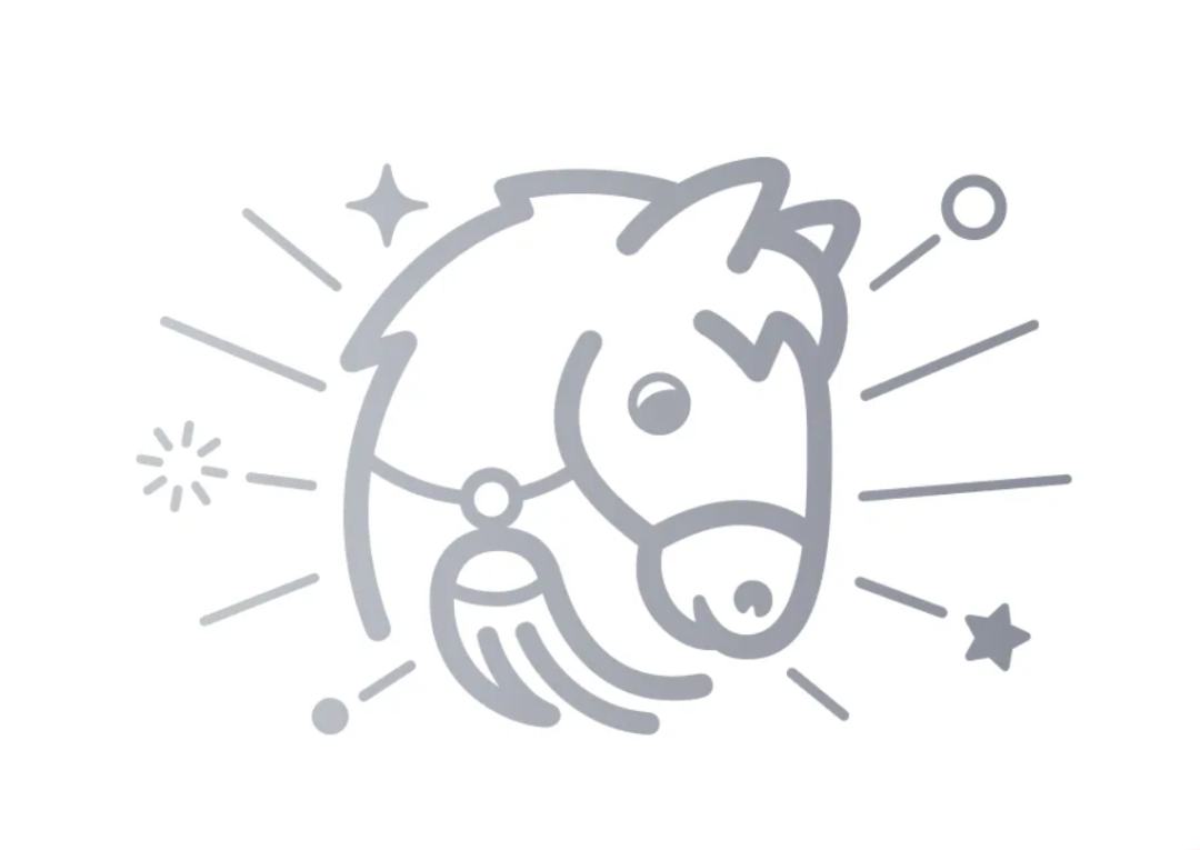 灰色线条马头简笔画，放射状线条、星星、圆点装饰