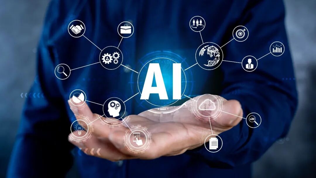 AI概念图：人手与环绕科技图标的AI字符