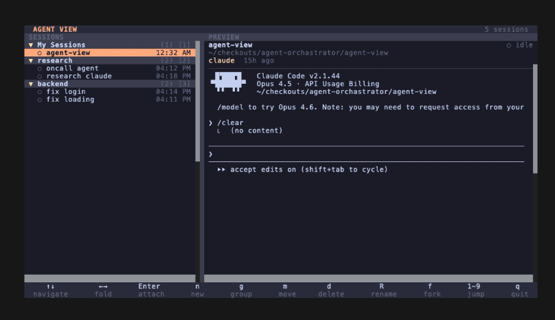 Agent View 中运行的 Claude Code 代理视图