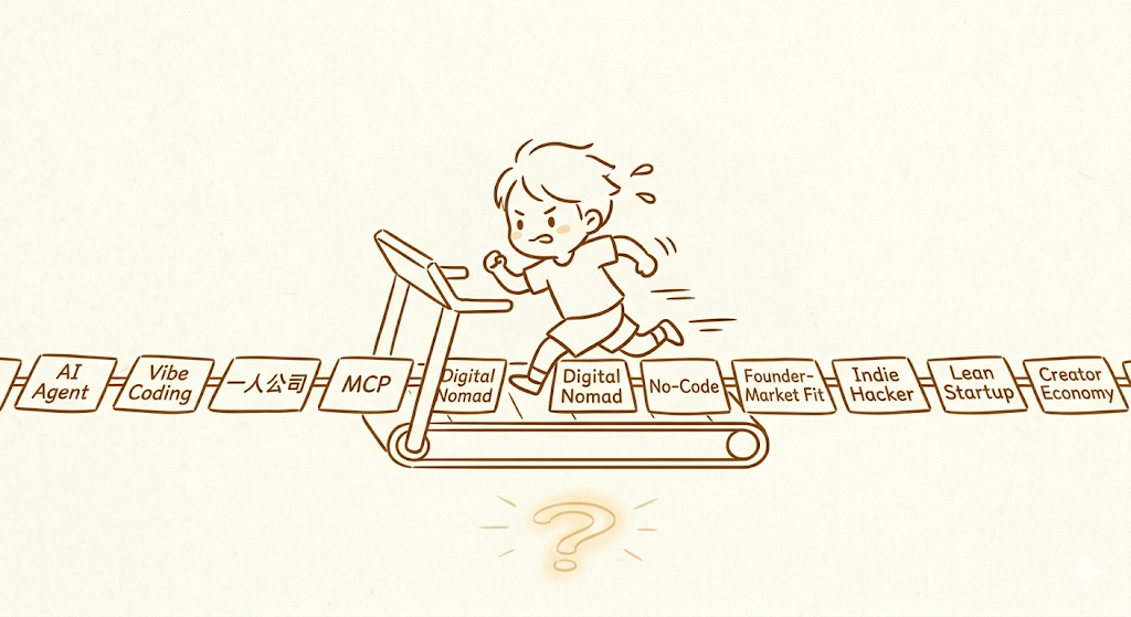 一个在概念跑步机上奔跑的卡通男孩,表情疲惫