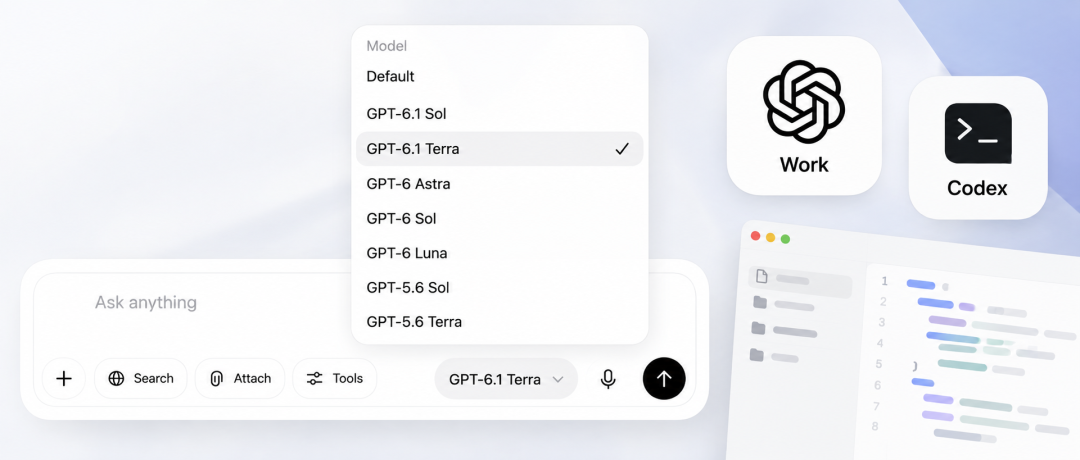 GPT-6.1 Terra 在 Codex 中的模型选择菜单与代码编辑器