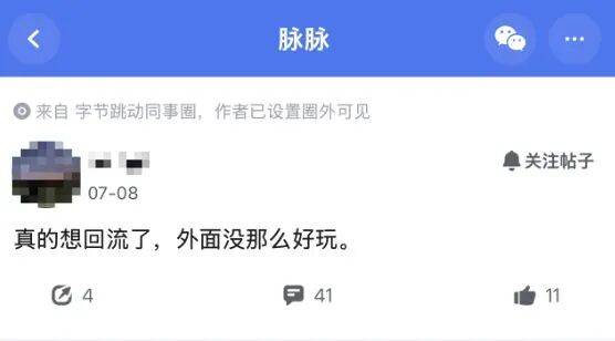 脉脉字节同事圈发帖截图:真的想回流了,外面没那么好玩