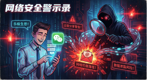 网络安全警示插画：过度分享与网络钓鱼风险