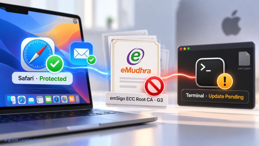 苹果封锁 eMudhra emSign ECC Root CA G3 根证书,Safari 已受保护,终端命令行工具更新待处理