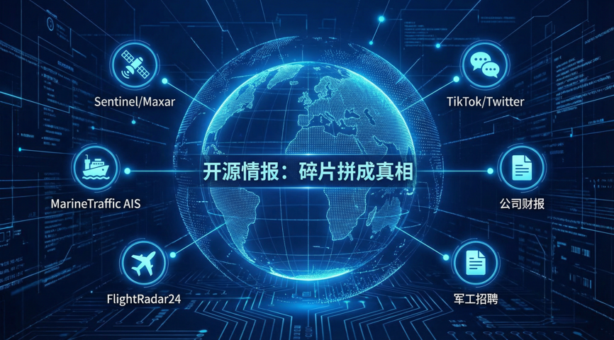 开源情报数据源示意图:卫星影像、船舶AIS、社交媒体等公开信息整合