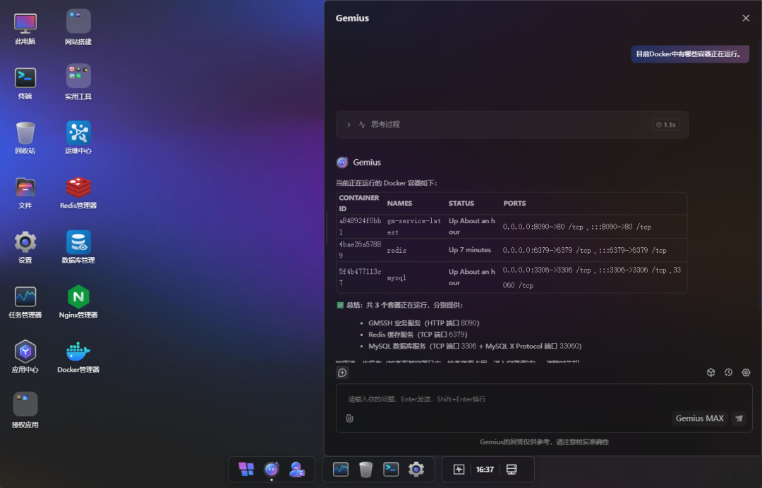 Gemius AI展示当前运行的Docker容器列表
