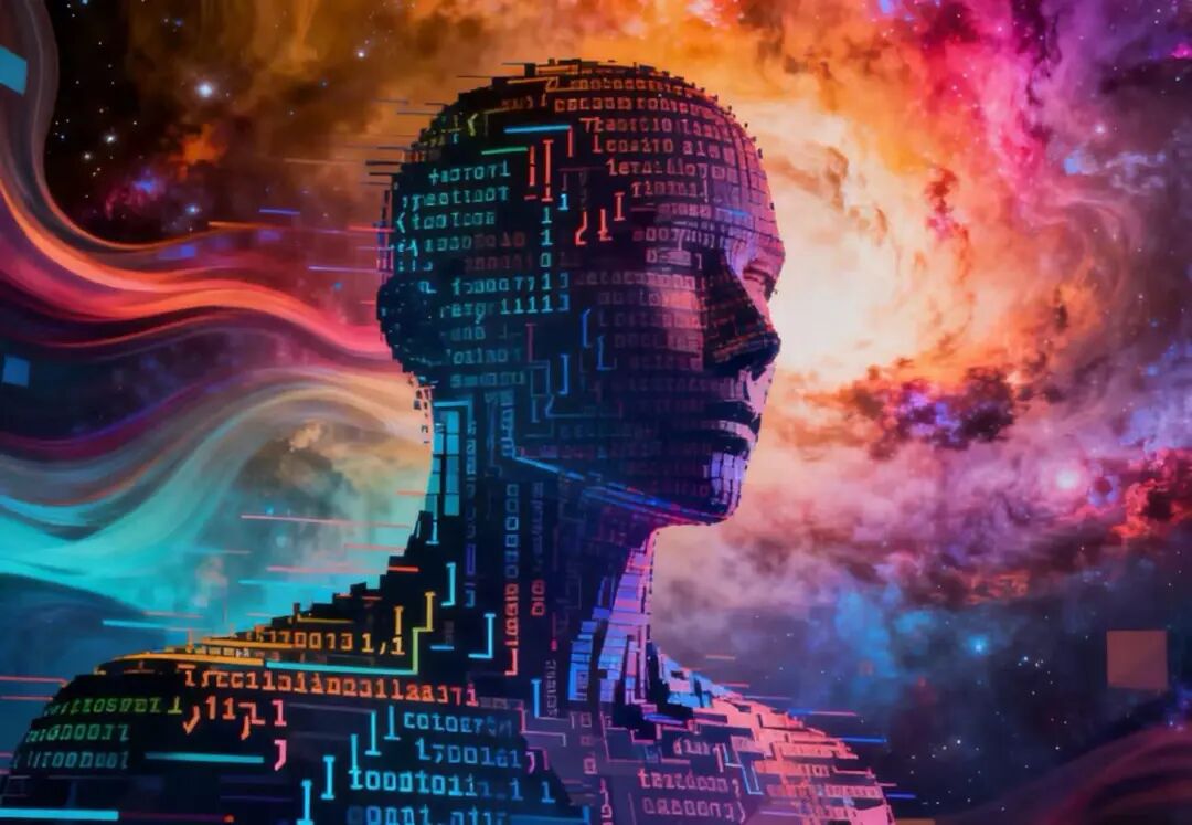 一幅科幻风格的数字艺术图像，展示一个人类侧脸剪影，由蓝色、紫色和青色的代码字符、二进制数及编程符号构成，呈现出数字化、数据流的视觉效果