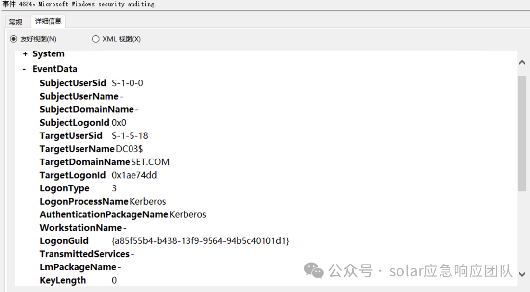 事件ID 4624：DC03$以Kerberos登录（LogonType 3）
