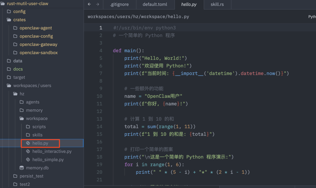 项目代码编辑器截图，显示在隔离的租户工作区内创建的hello.py文件
