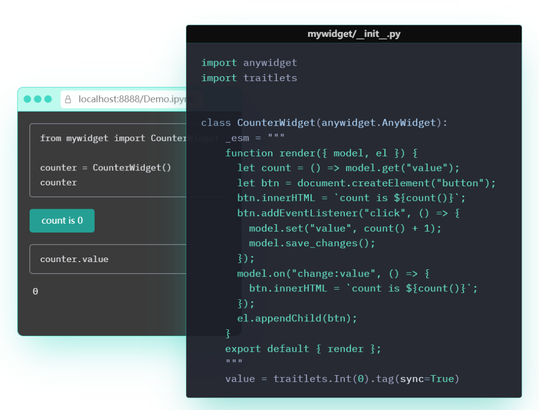 AnyWidget计数器组件代码与运行效果截图