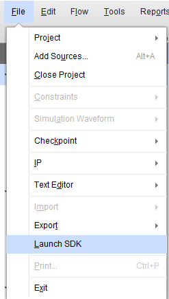 Vivado 中启动 SDK 的菜单项