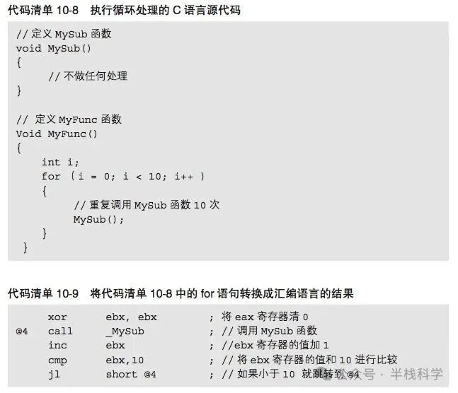 循环处理的C源代码及对应汇编代码