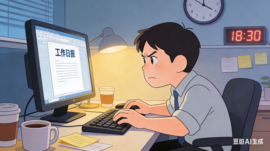 员工在办公室加班写工作日报的场景