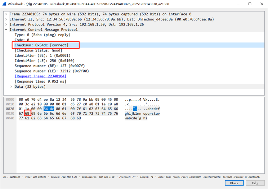 正确的ICMP Reply报文详情，Checksum正确