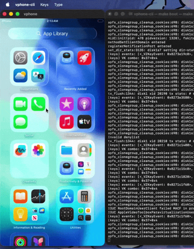 vphone-cli 工具运行与 iOS 界面交互的动图演示