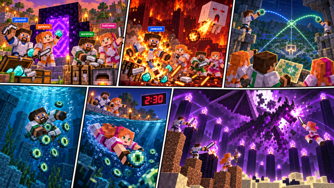 Minecraft 风格的六格冒险拼贴图,展示 Agent 们的关键场景