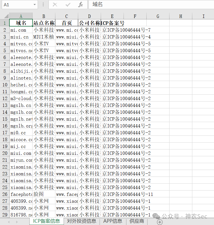 ENScan工具输出的资产信息表格