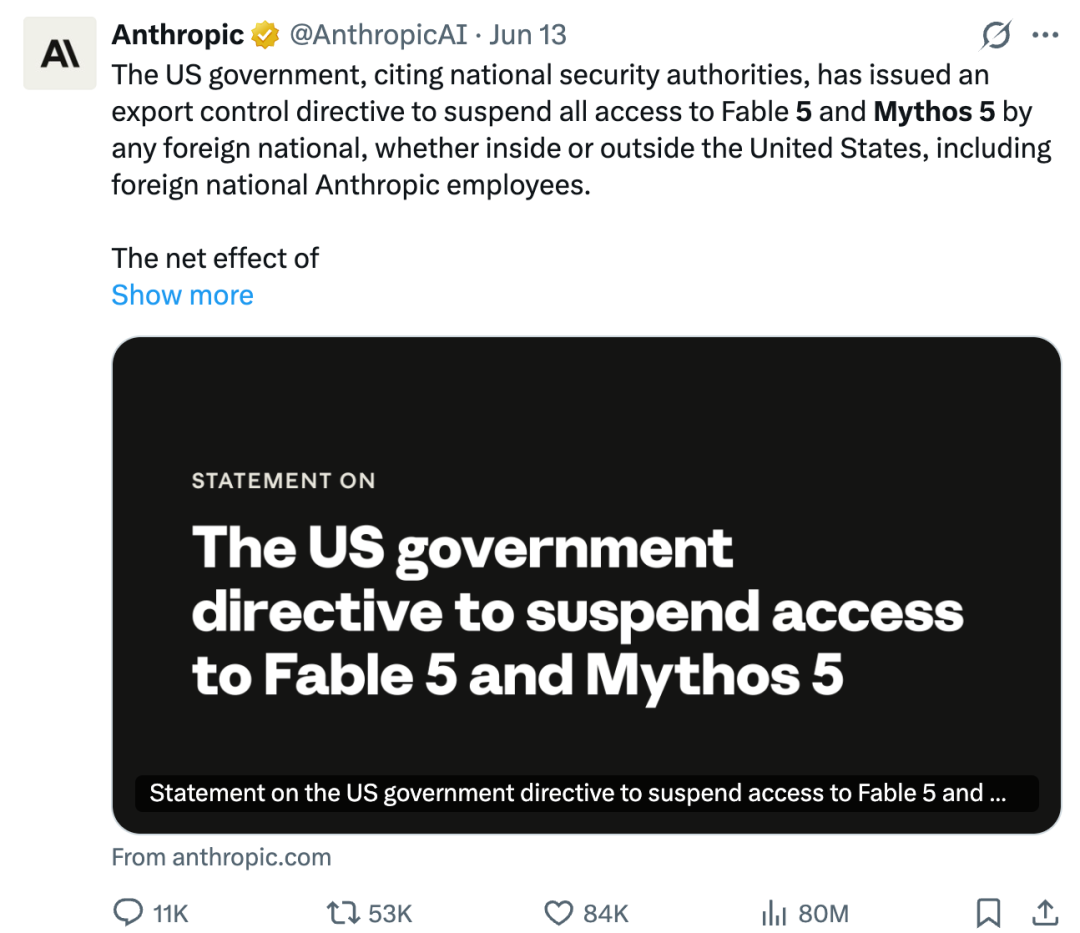 Anthropic公告Fable 5与Mythos 5出口管制推文