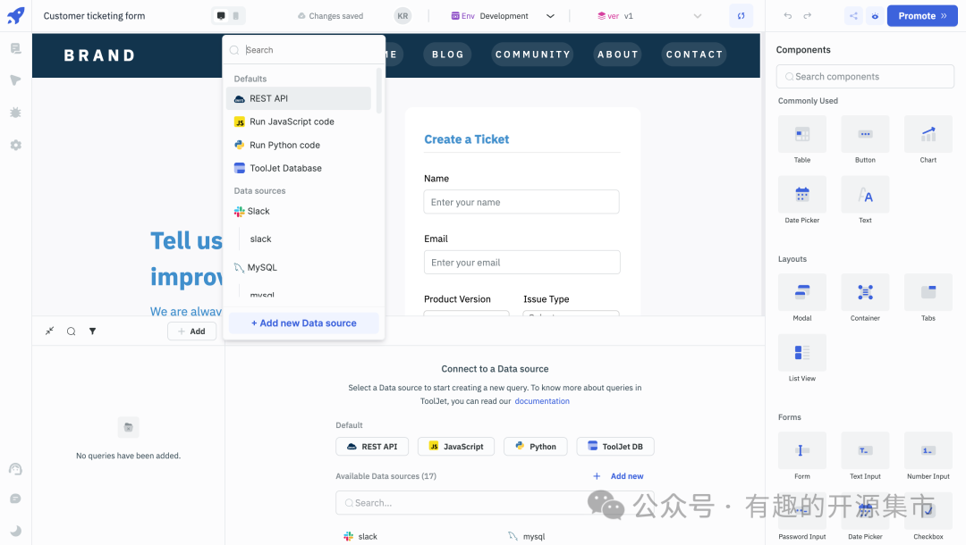 ToolJet 数据源选择列表:REST API、JavaScript、Slack、MySQL