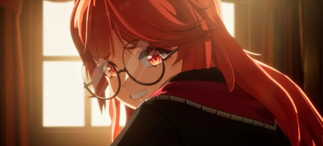 异环角色特写：红发戴圆框眼镜的少女，在暖色窗边光线中微笑