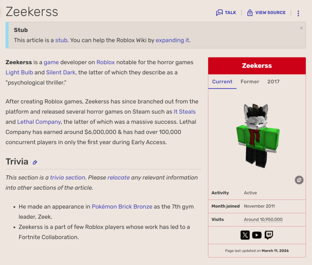 Roblox Wiki上对开发者Zeekerss的介绍页面