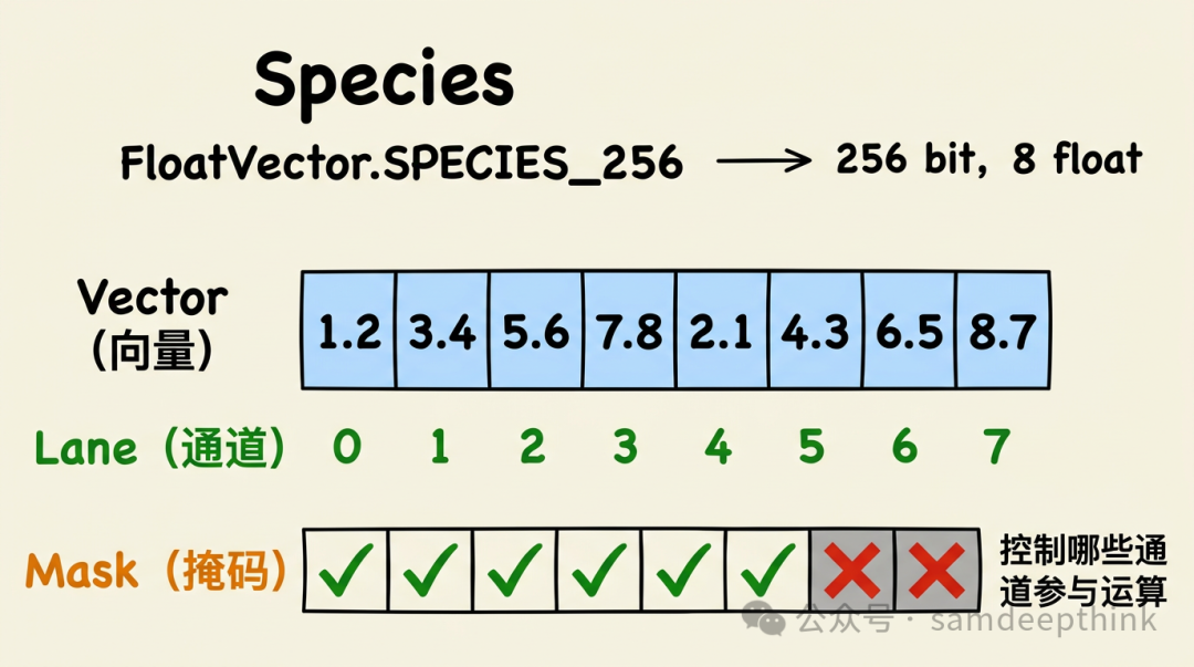 FloatVector.SPECIES_256 的向量与掩码示意图