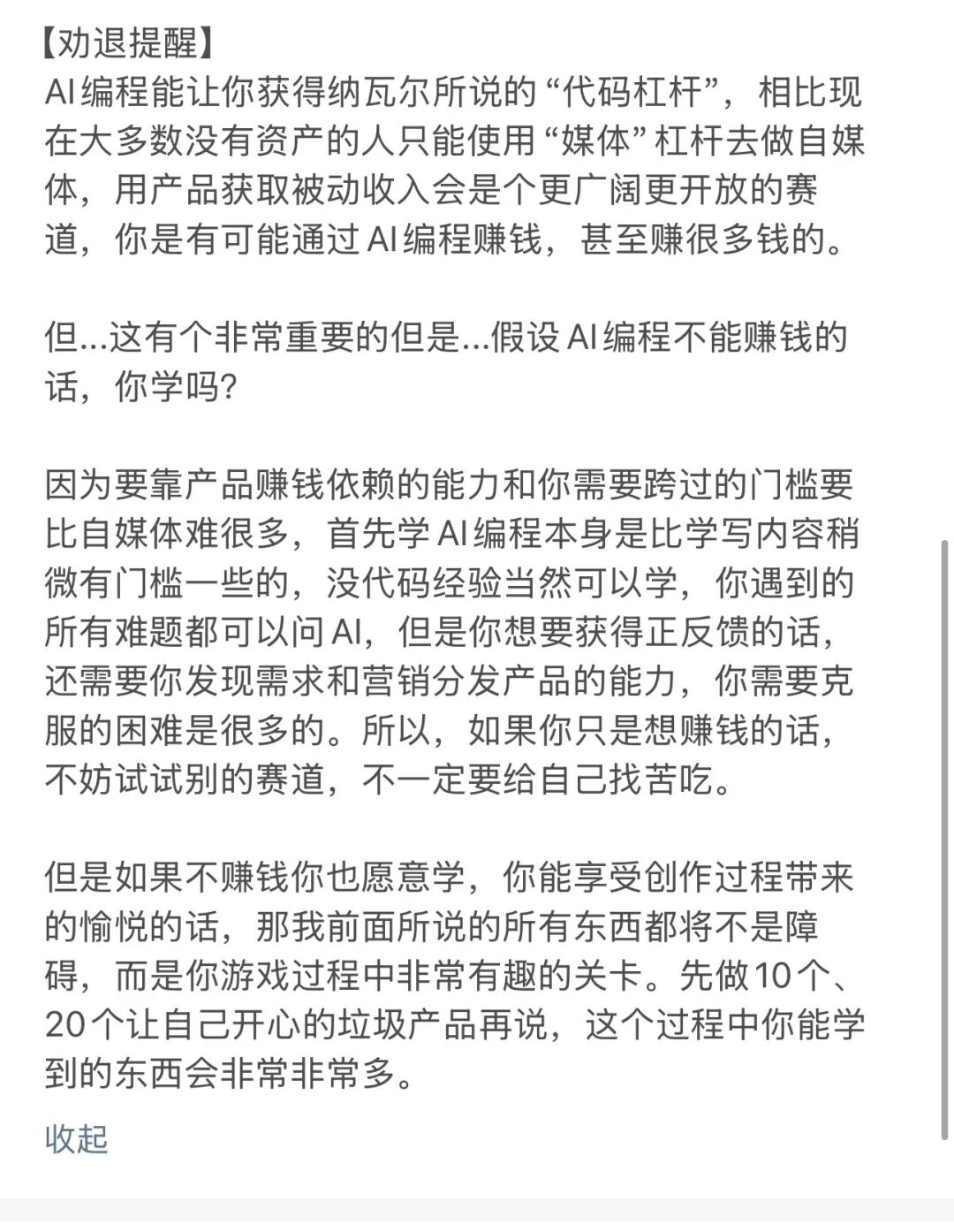 关于AI编程与创作动机的思考文字截图