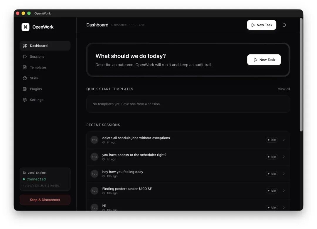 OpenWork Dashboard显示任务与会话记录