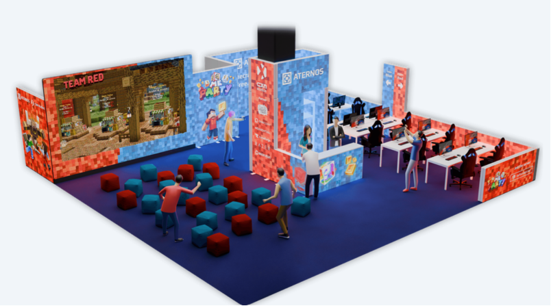 Aternos在Gamescom举办的MC Party展位3D渲染图,红蓝方块装饰风格