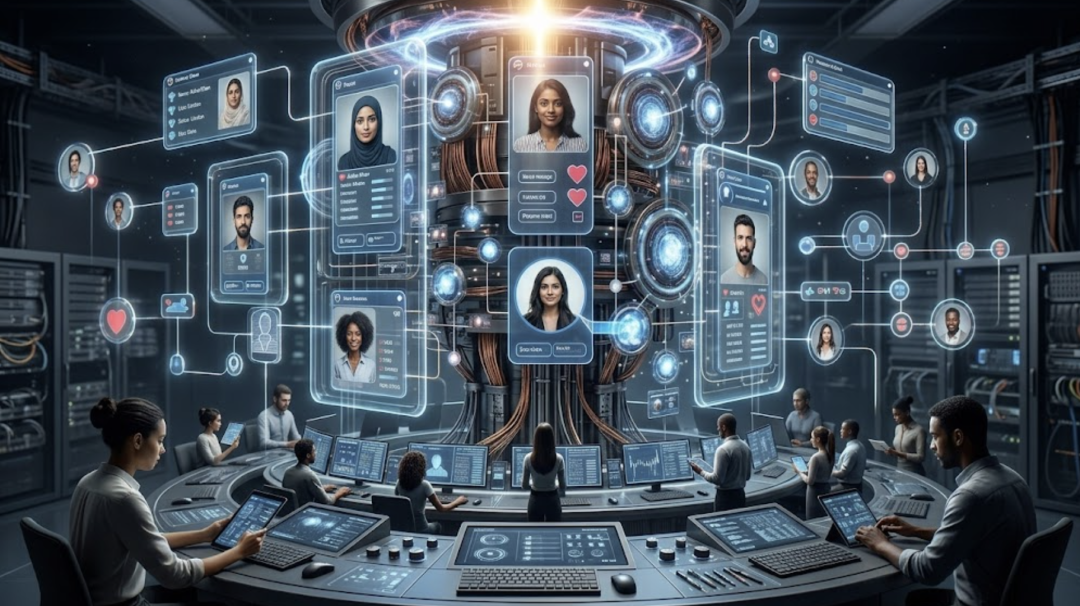 展示AI推理匹配过程的高科技控制室概念图