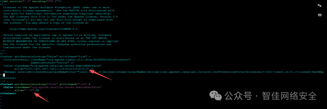 XML 配置截图：RemoteAddrValve allow=".*" 存在严重越权风险