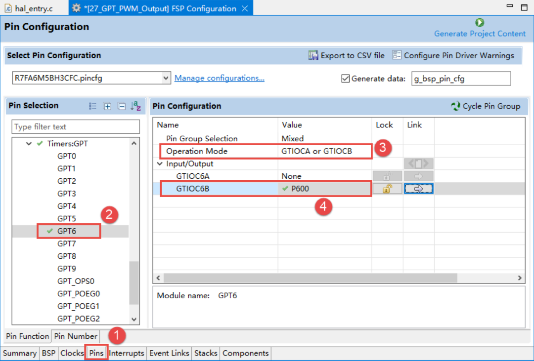 FSP配置引脚P600为GPT6输出