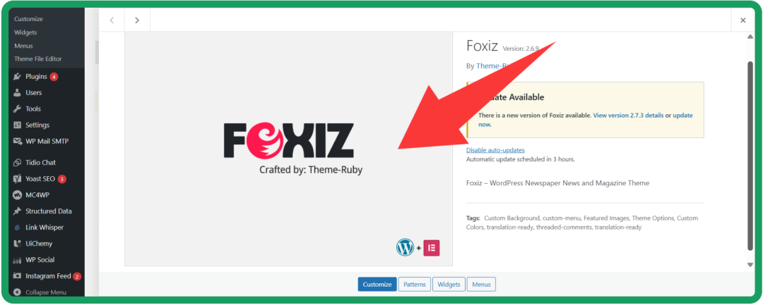 Foxiz主题后台更新页面截图,显示版本号及更新信息
