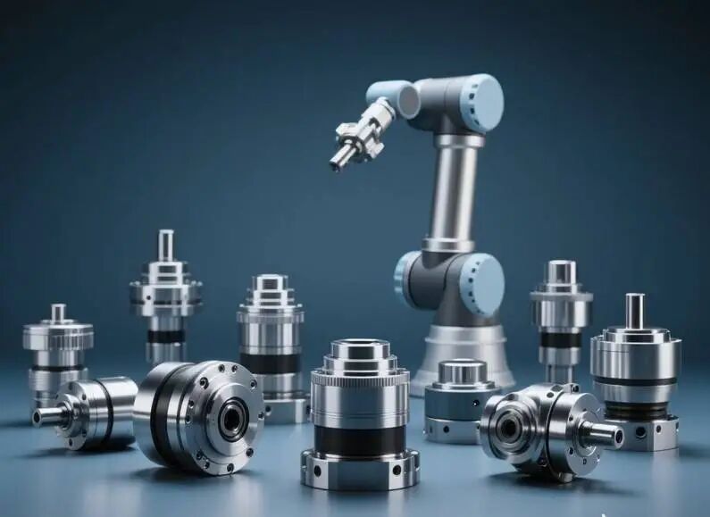 工业机器人机械臂与多种精密传动部件组合图