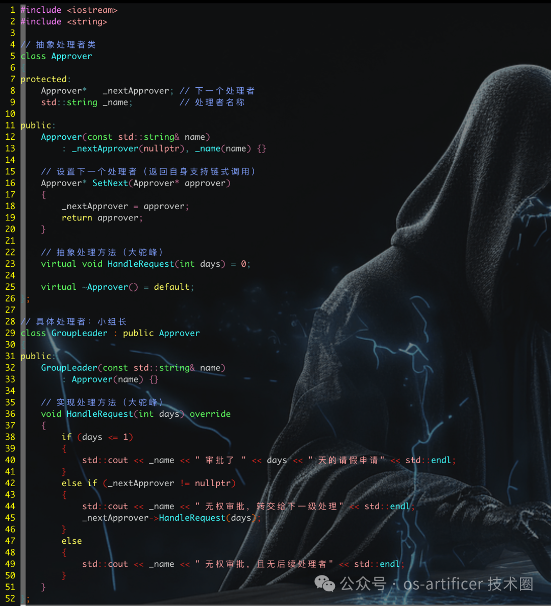 C++职责链代码示例：抽象类与小组长实现