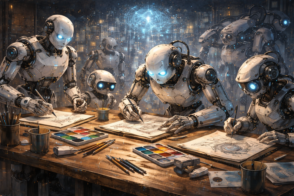 一群AI机器人正在合作进行艺术创作