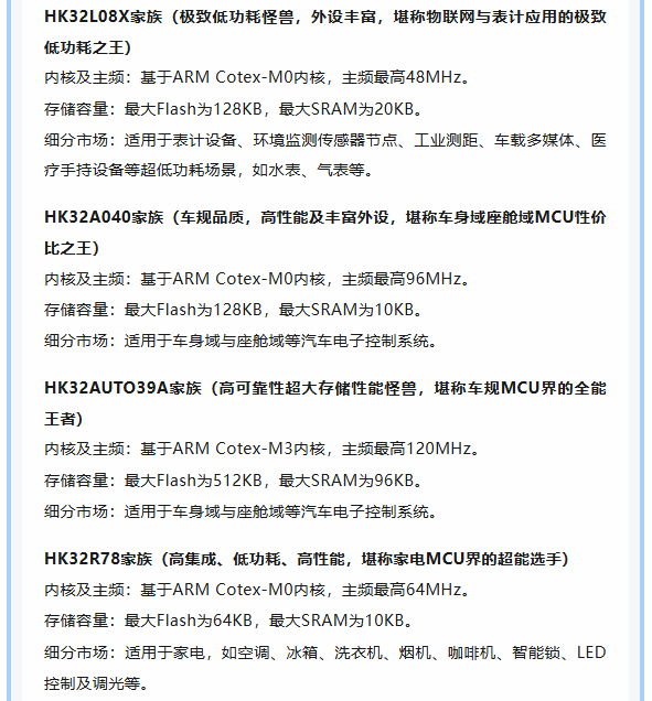 航顺HK32L08X、HK32AUTO39A等家族产品规格介绍
