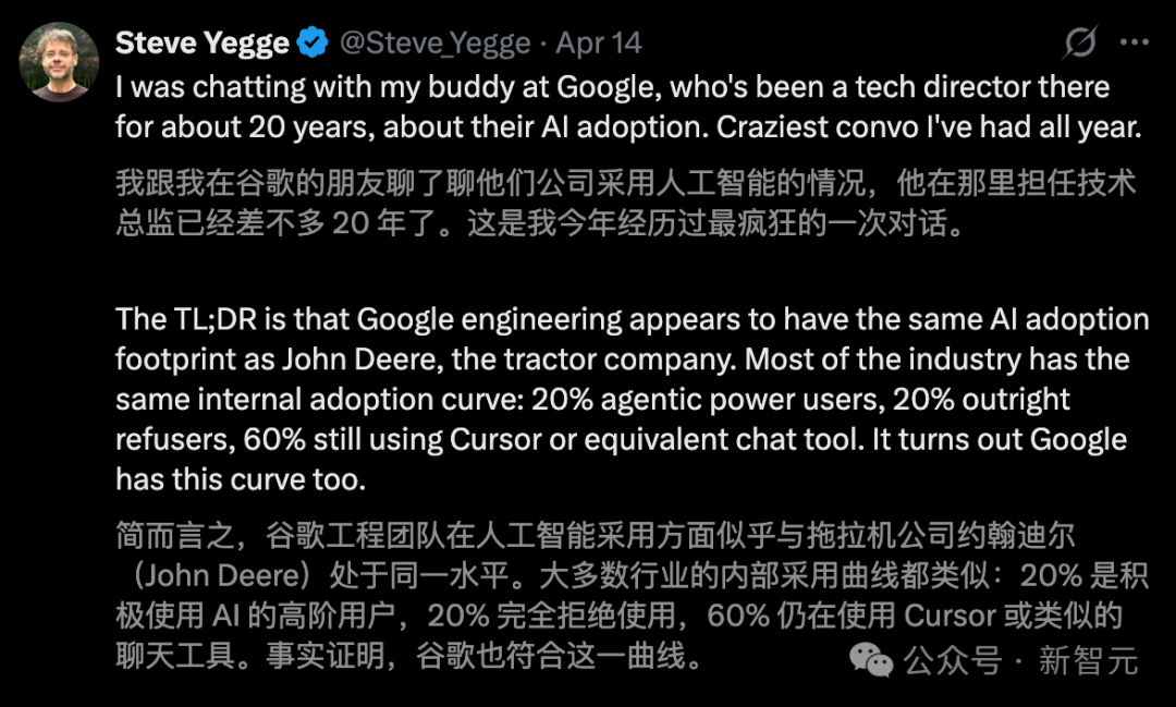 推文截图讨论谷歌AI内部采用曲线，有20%拒绝、60%仍用基础工具
