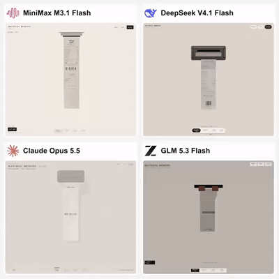 MiniMax M3.1 Flash 与 DeepSeek V4.1 Flash、Claude Opus 5.5、GLM 5.3 Flash 的材质变形效果对比