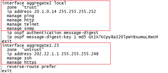 防火墙接口管理配置,aggregate2开启ping/http/telnet/snmp,aggregate1.23开启ssh/https