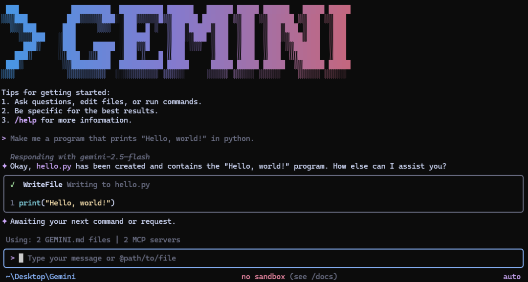 Gemini CLI 终端界面,展示 Hello World 程序生成过程