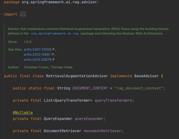 RetrievalAugmentationAdvisor核心类的定义代码