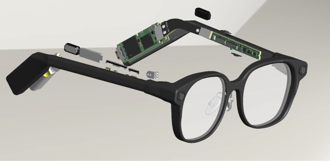 智能眼镜3D爆炸图,展示镜腿内PCB、电池与传感器结构