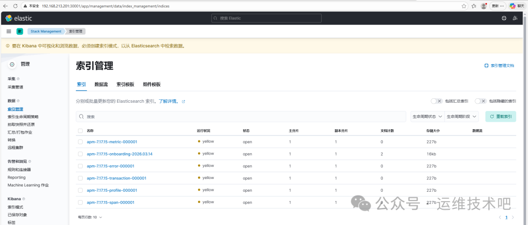 Elasticsearch 索引管理界面，展示 apm-* 和 springboot-logs-* 索引