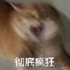 表情夸张的模糊猫脸，配文“彻底疯狂”