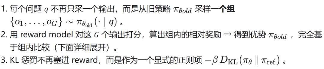 GRPO的三项关键改动:分组采样、组内相对奖励、显式KL正则
