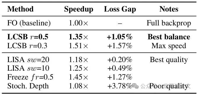 LCSB与其他高效训练基线的对比表