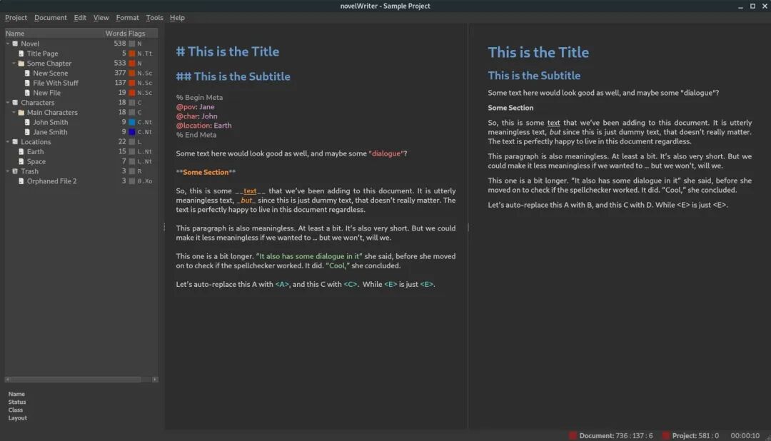 novelWriter 写作软件主界面截图，展示项目文件结构与编辑预览效果